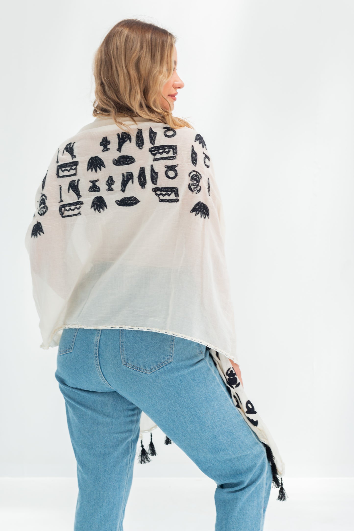 cotton scarf with phoronic embroidered letters